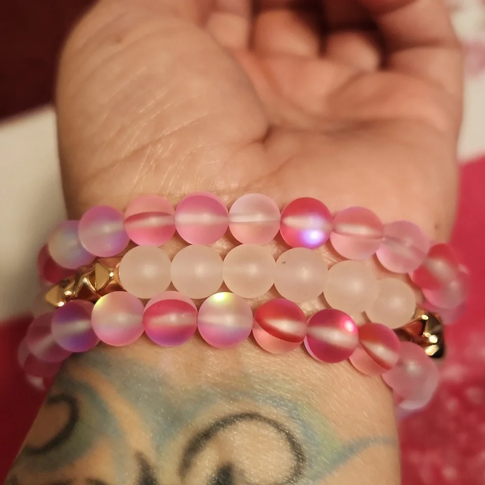 Iridescent Rose Quartz Stretch Bracelets, Set Of 3